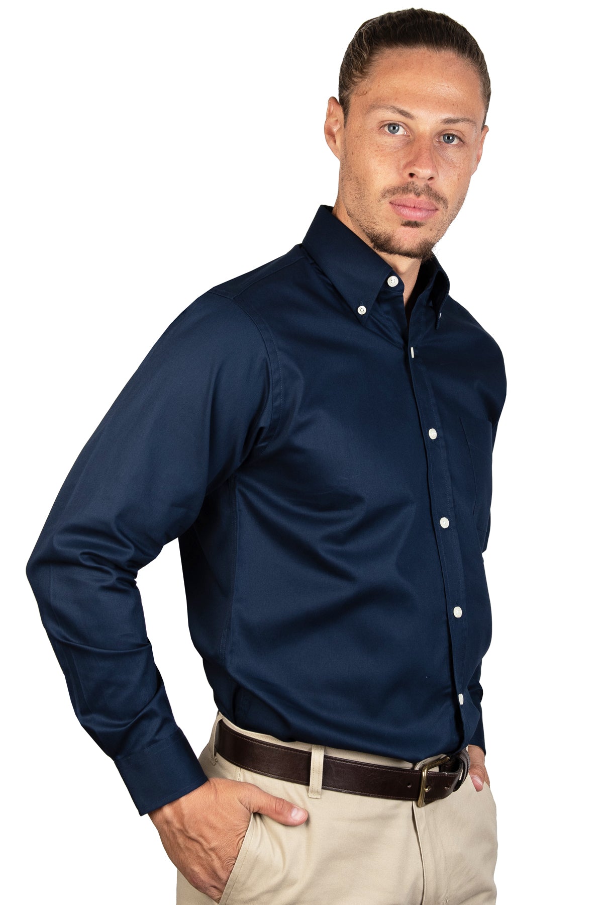 Camisa azul marino lisa para hombre de manga larga, ideal para