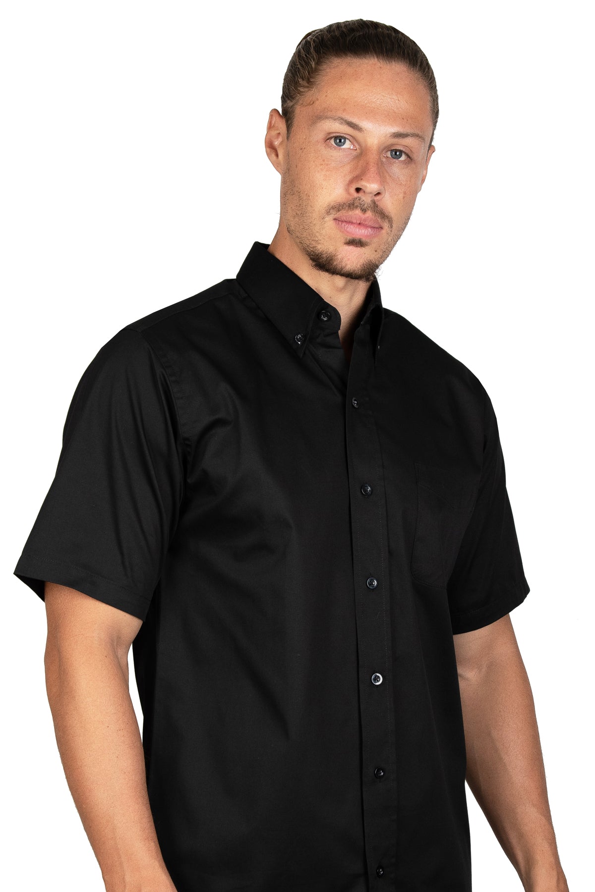 CAMISA MANGA CORTA LISA GABARDINA NEGRO 